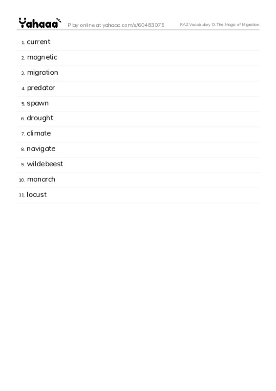 RAZ Vocabulary O: The Magic of Migration PDF words glossary