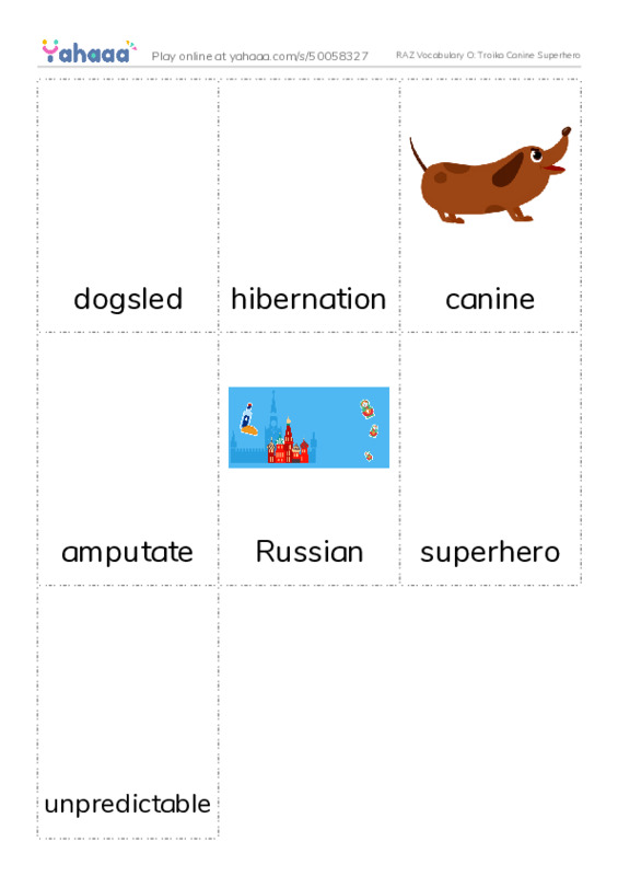 RAZ Vocabulary O: Troika Canine Superhero PDF flaschards with images