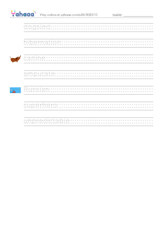 RAZ Vocabulary O: Troika Canine Superhero PDF write between the lines worksheet