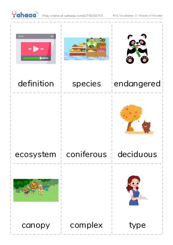 RAZ Vocabulary O: Woods of Wonder PDF flaschards with images