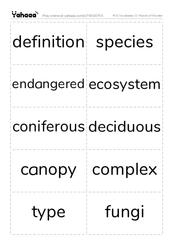 RAZ Vocabulary O: Woods of Wonder PDF two columns flashcards