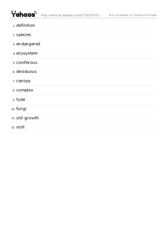 RAZ Vocabulary O: Woods of Wonder PDF words glossary