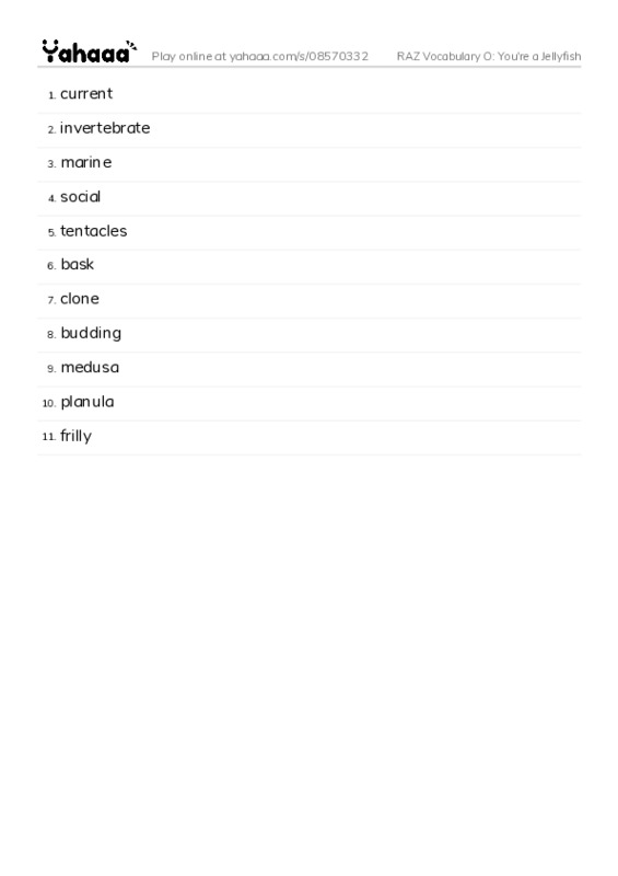 RAZ Vocabulary O: You're a Jellyfish PDF words glossary