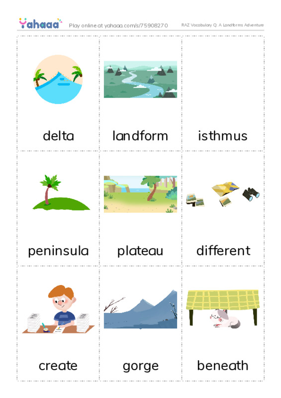 RAZ Vocabulary Q: A Landforms Adventure PDF flaschards with images