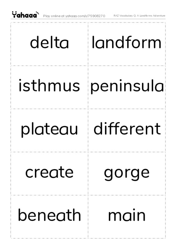 RAZ Vocabulary Q: A Landforms Adventure PDF two columns flashcards