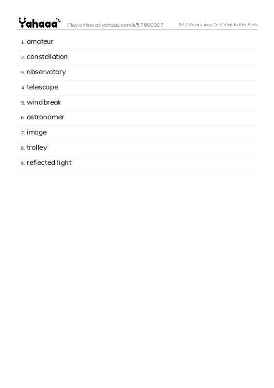RAZ Vocabulary Q: A Visit to Kitt Peak PDF words glossary