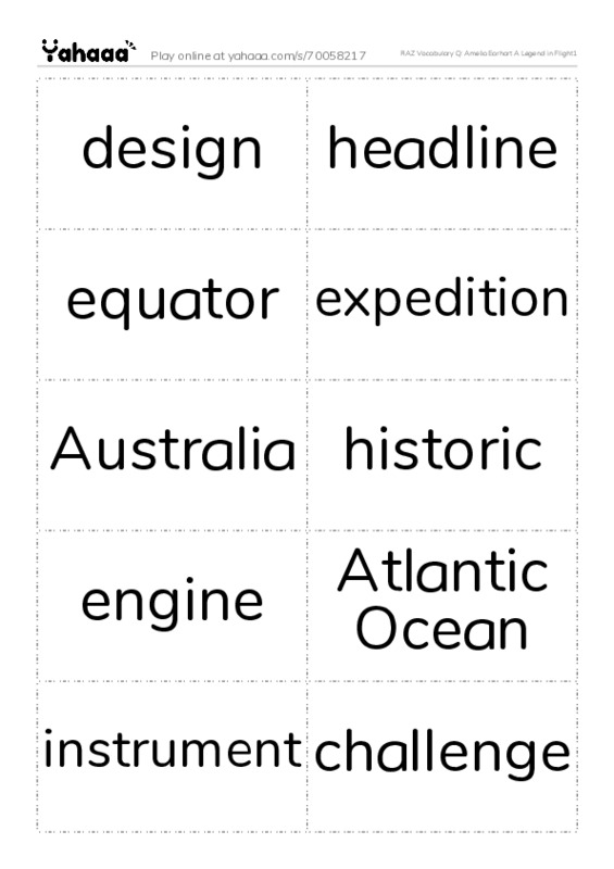 RAZ Vocabulary Q: Amelia Earhart A Legend in Flight1 PDF two columns flashcards