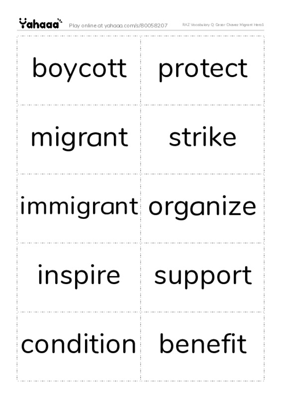 RAZ Vocabulary Q: Cesar Chavez Migrant Hero1 PDF two columns flashcards