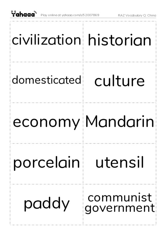 RAZ Vocabulary Q: China PDF two columns flashcards