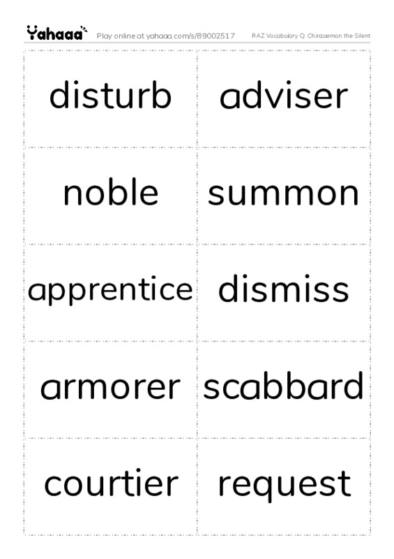RAZ Vocabulary Q: Chinzaemon the Silent PDF two columns flashcards
