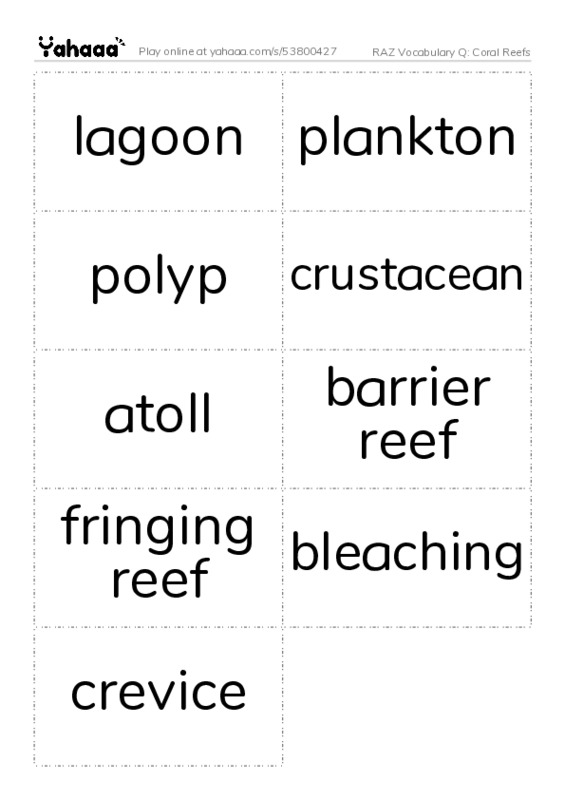 RAZ Vocabulary Q: Coral Reefs PDF two columns flashcards