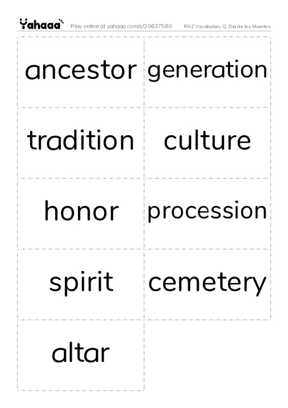 RAZ Vocabulary Q: Dia de los Muertos PDF two columns flashcards