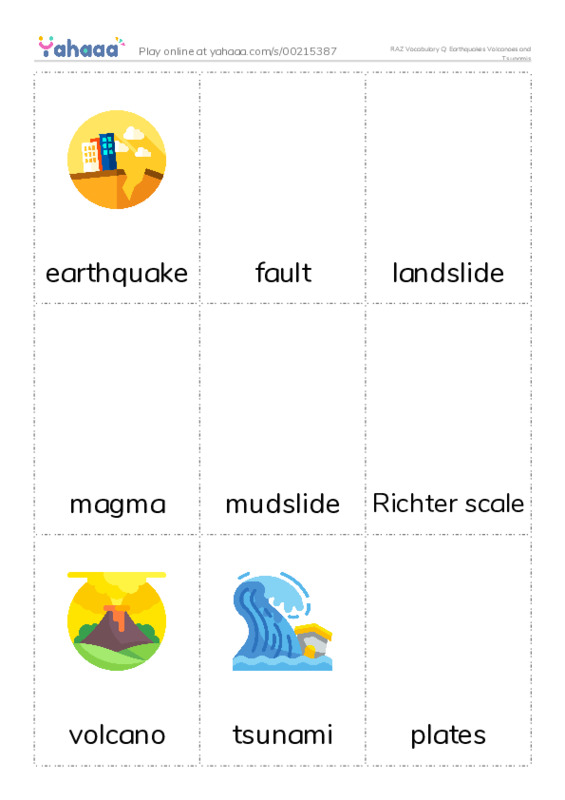 RAZ Vocabulary Q: Earthquakes Volcanoes and Tsunamis PDF flaschards with images