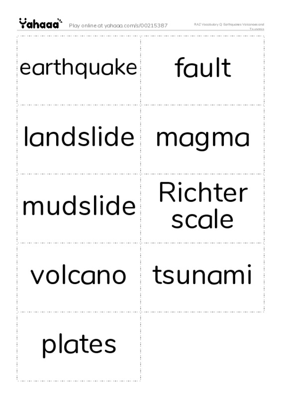 RAZ Vocabulary Q: Earthquakes Volcanoes and Tsunamis PDF two columns flashcards