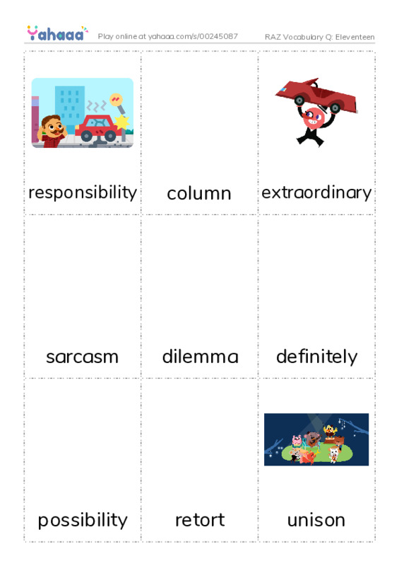 RAZ Vocabulary Q: Eleventeen PDF flaschards with images