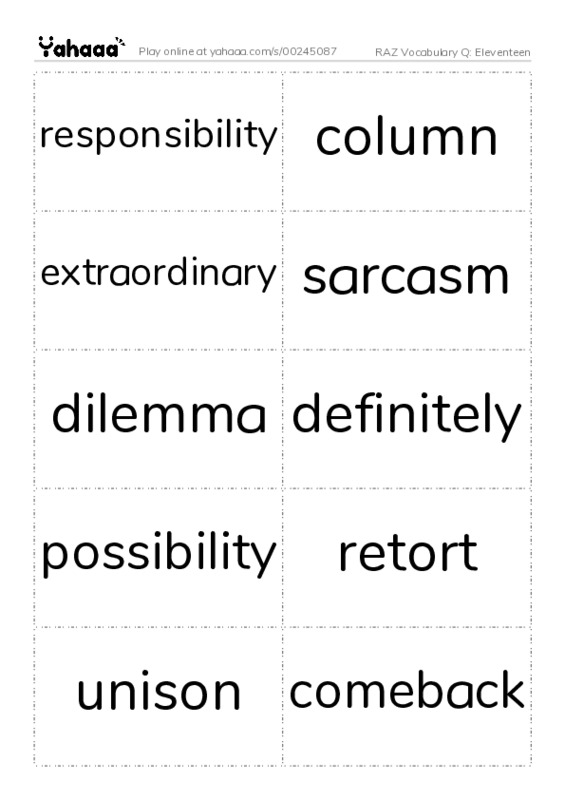 RAZ Vocabulary Q: Eleventeen PDF two columns flashcards