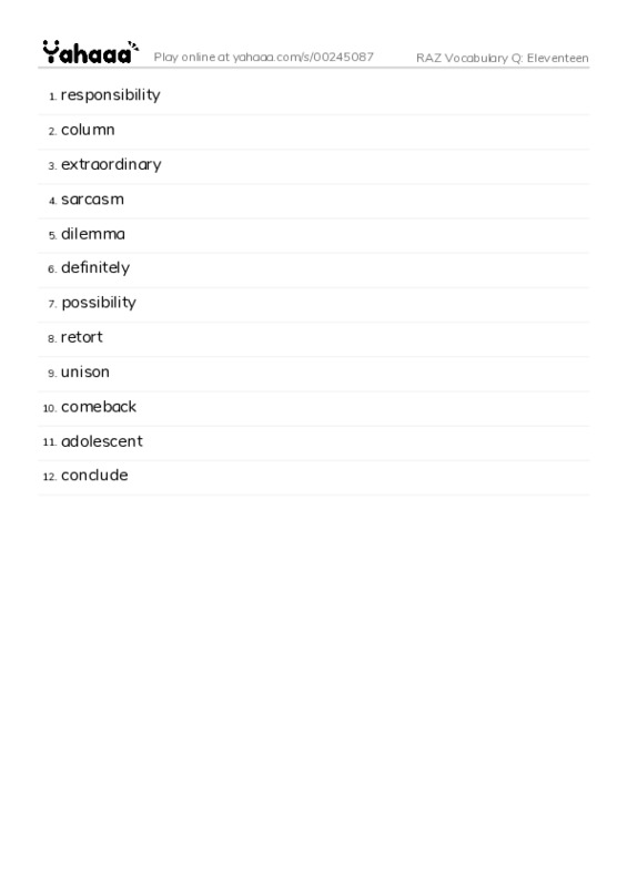 RAZ Vocabulary Q: Eleventeen PDF words glossary