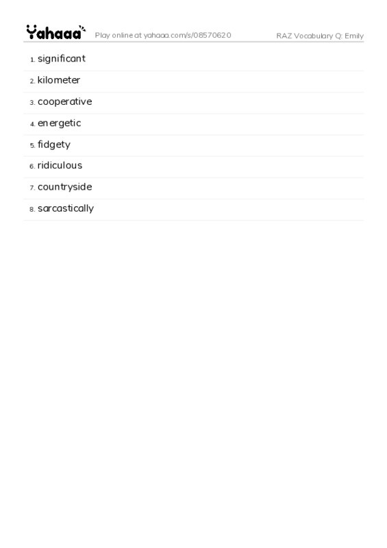 RAZ Vocabulary Q: Emily PDF words glossary