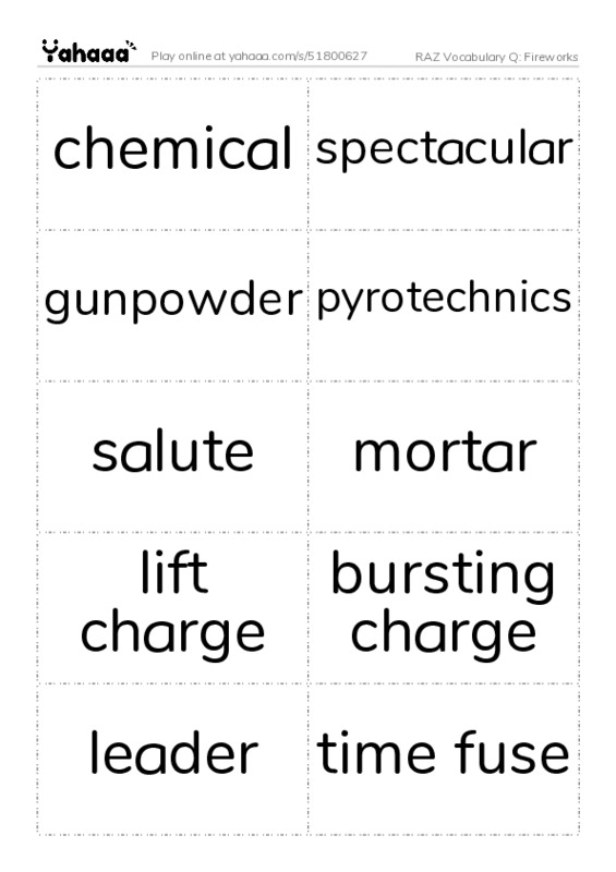 RAZ Vocabulary Q: Fireworks PDF two columns flashcards