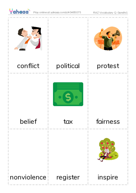 RAZ Vocabulary Q: Gandhi1 PDF flaschards with images