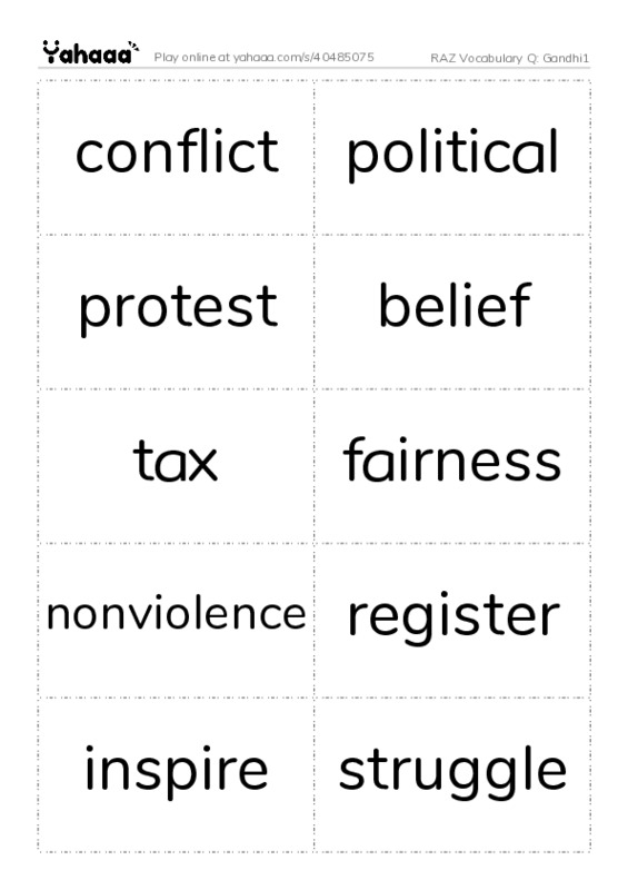 RAZ Vocabulary Q: Gandhi1 PDF two columns flashcards