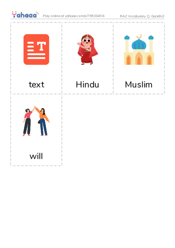 RAZ Vocabulary Q: Gandhi2 PDF flaschards with images