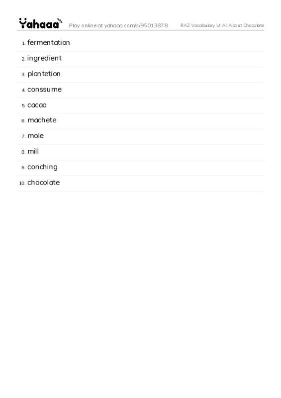 RAZ Vocabulary U: All About Chocolate PDF words glossary