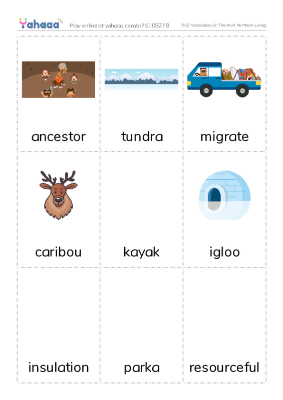RAZ Vocabulary U: The Inuit Northern Living PDF flaschards with images