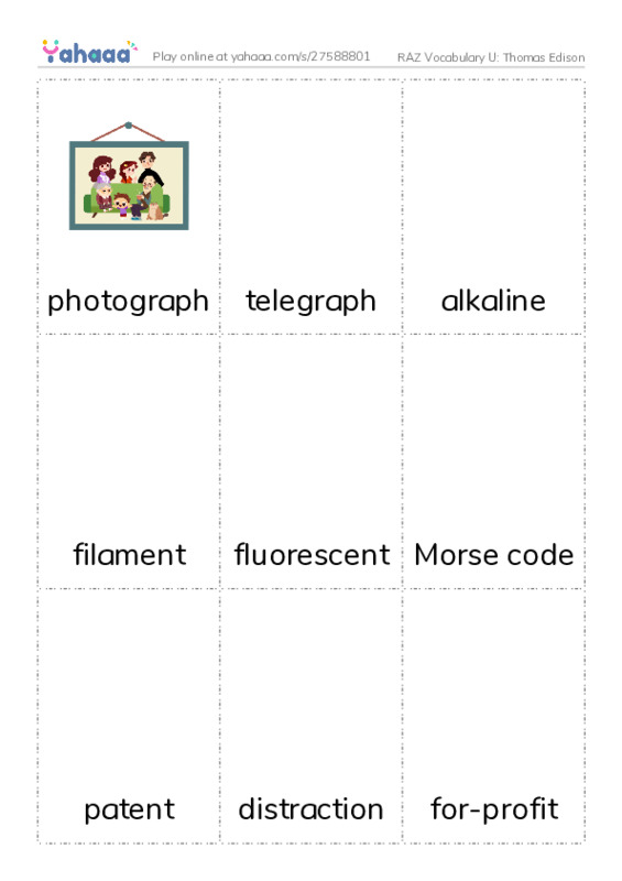 RAZ Vocabulary U: Thomas Edison PDF flaschards with images