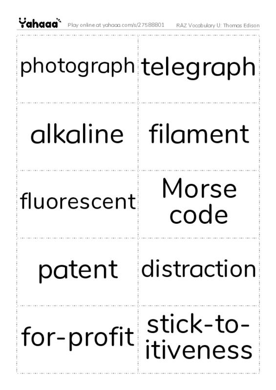 RAZ Vocabulary U: Thomas Edison PDF two columns flashcards