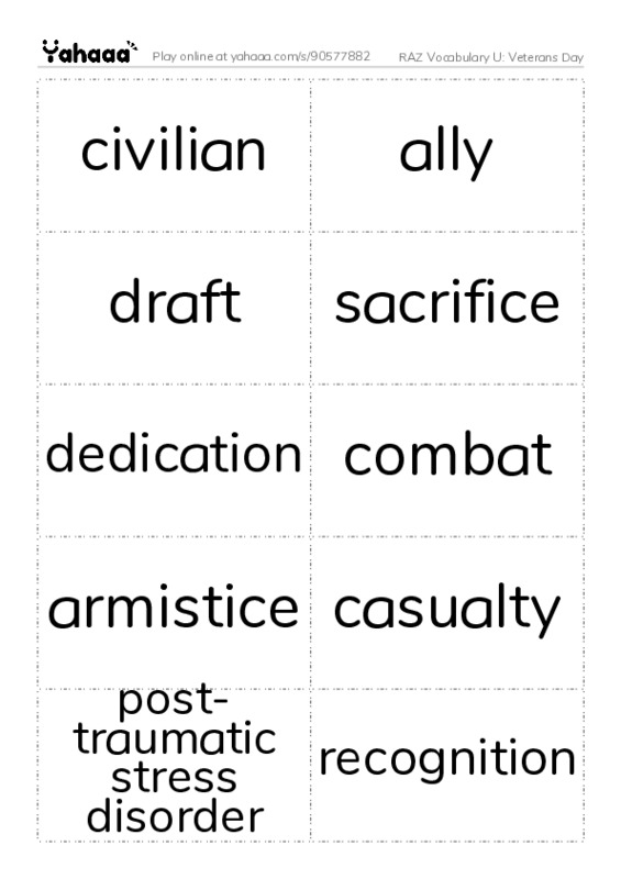 RAZ Vocabulary U: Veterans Day PDF two columns flashcards