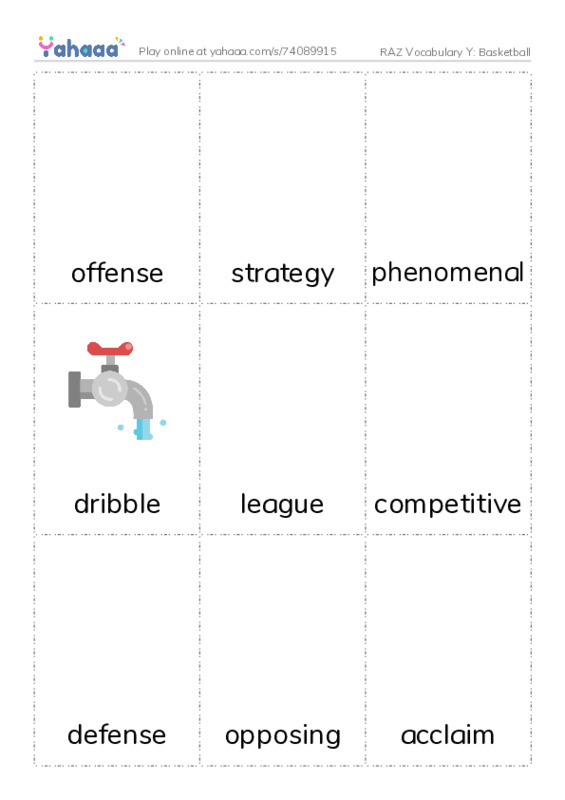 RAZ Vocabulary Y: Basketball PDF flaschards with images