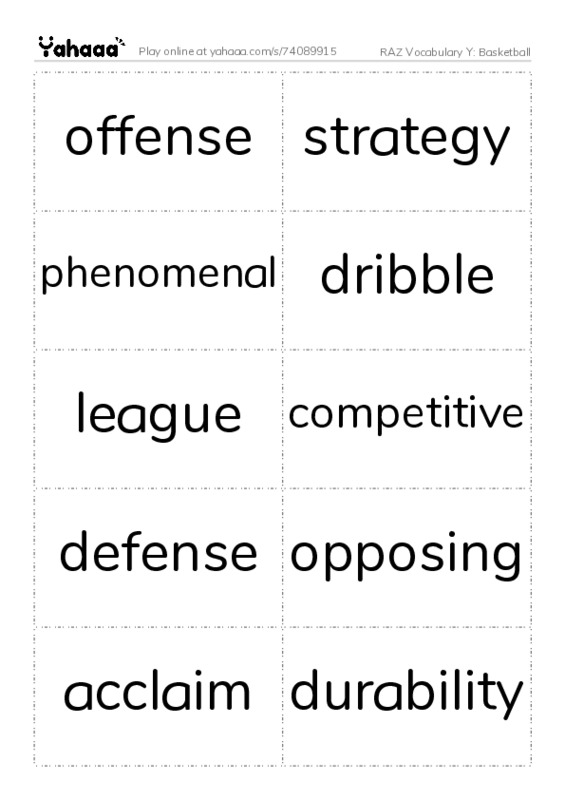 RAZ Vocabulary Y: Basketball PDF two columns flashcards