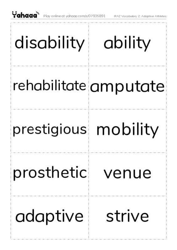 RAZ Vocabulary Z: Adaptive Athletes PDF two columns flashcards