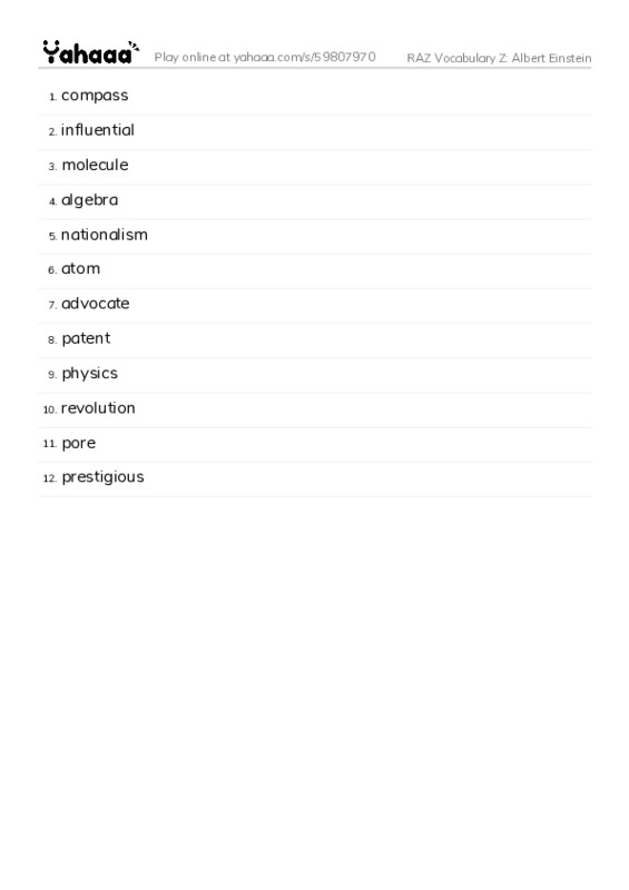 RAZ Vocabulary Z: Albert Einstein PDF words glossary