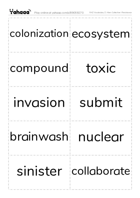 RAZ Vocabulary Z: Alien Collective I Resistance PDF two columns flashcards