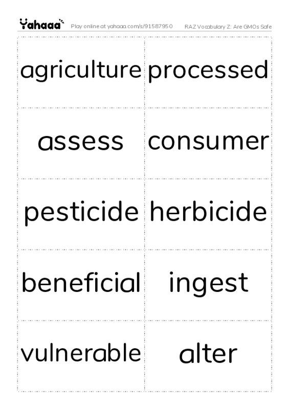 RAZ Vocabulary Z: Are GMOs Safe PDF two columns flashcards