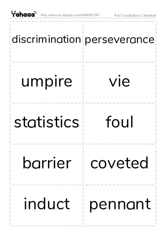 RAZ Vocabulary Z: Baseball PDF two columns flashcards
