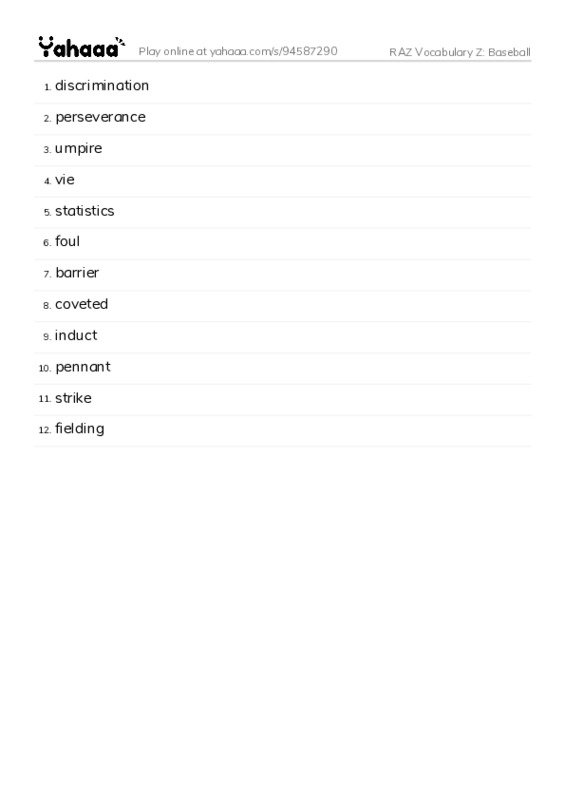 RAZ Vocabulary Z: Baseball PDF words glossary