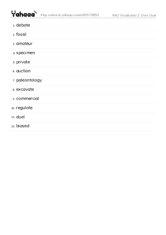 RAZ Vocabulary Z: Dino Duel PDF words glossary