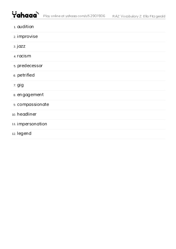 RAZ Vocabulary Z: Ella Fitzgerald PDF words glossary
