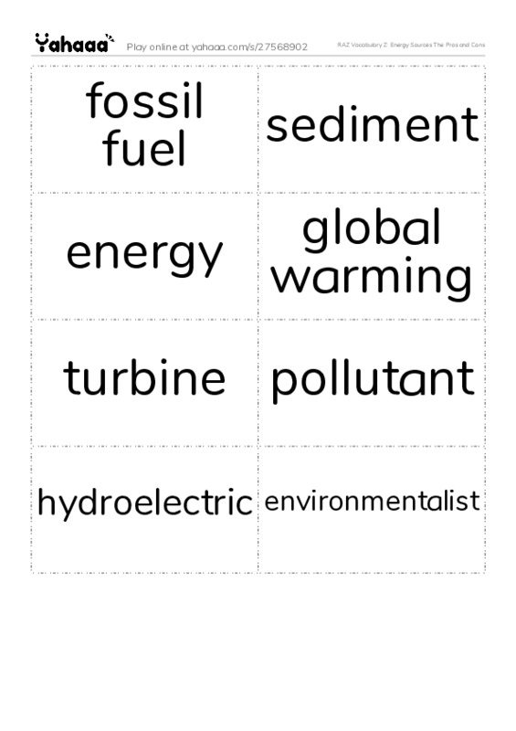 RAZ Vocabulary Z: Energy Sources The Pros and Cons PDF two columns flashcards