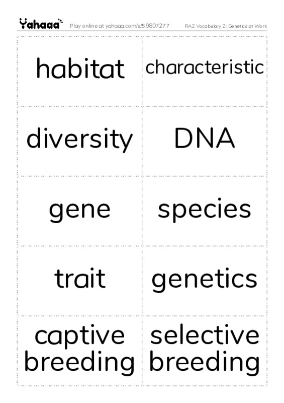 RAZ Vocabulary Z: Genetics at Work PDF two columns flashcards