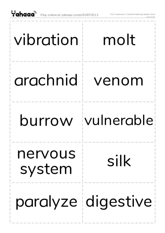 RAZ Vocabulary Z: Goliath BirdEating Spiders Giant Arachnids PDF two columns flashcards