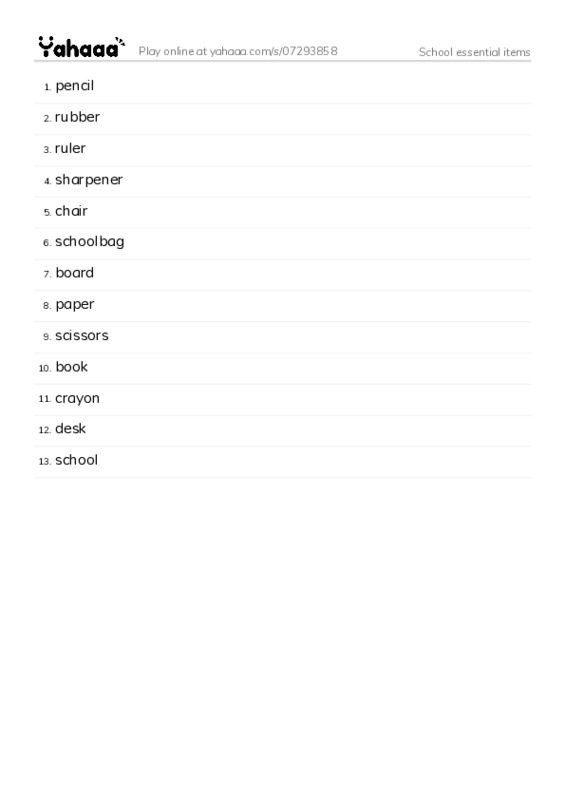 School essential items PDF words glossary