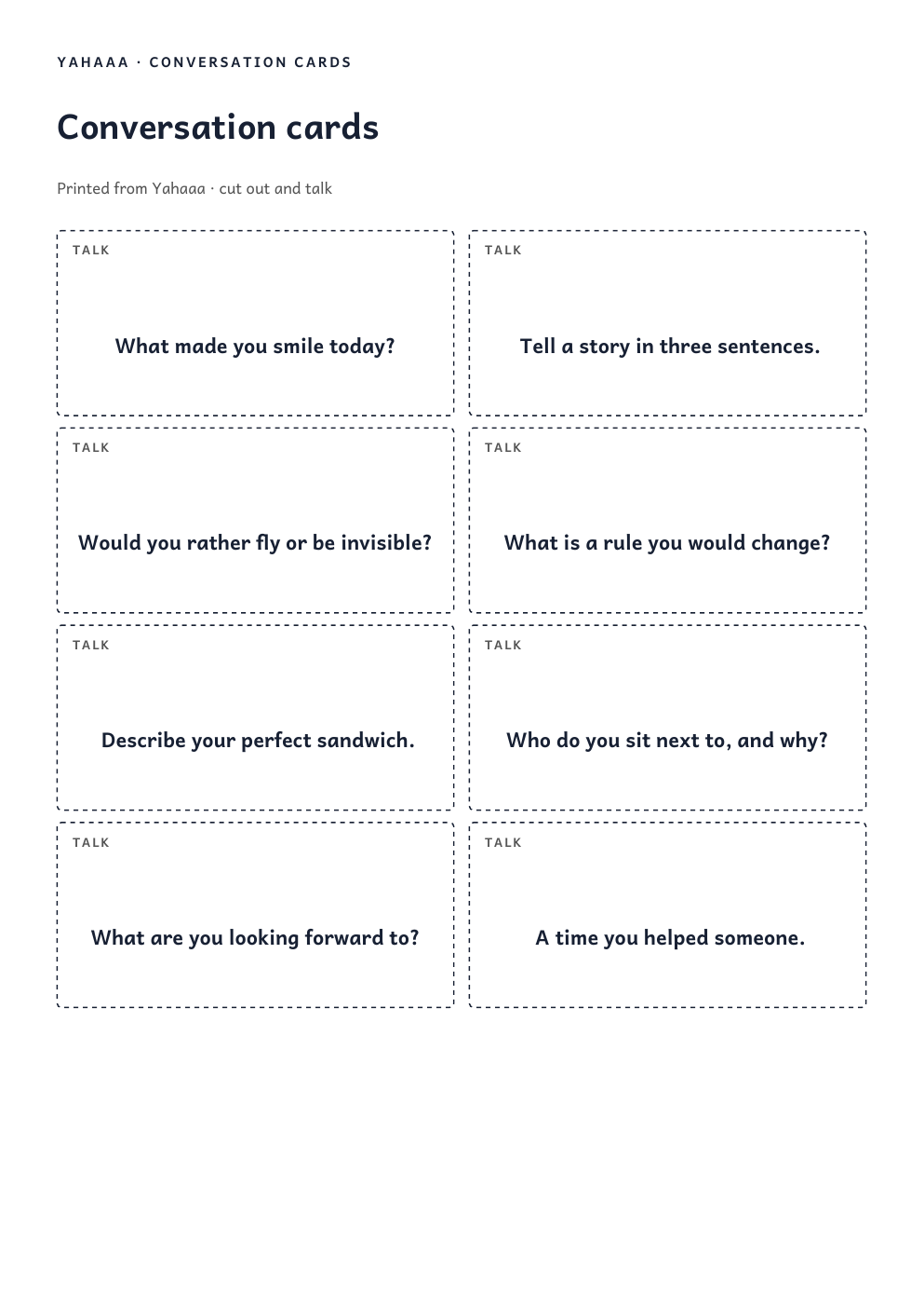 First page of the conversation cards