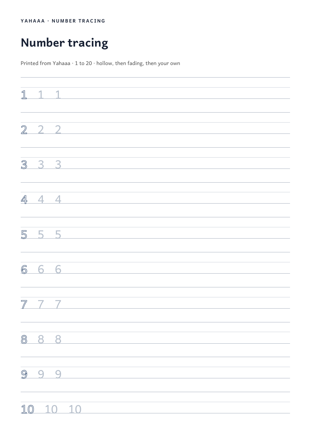 First page of the number tracing 1–20