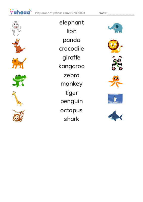 Zoo Animals PDF three columns match words