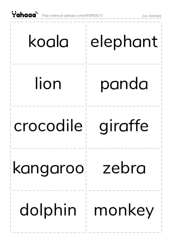 Zoo Animals PDF two columns flashcards