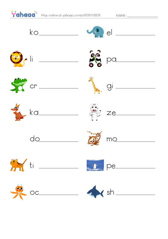 Zoo Animals PDF worksheet writing row